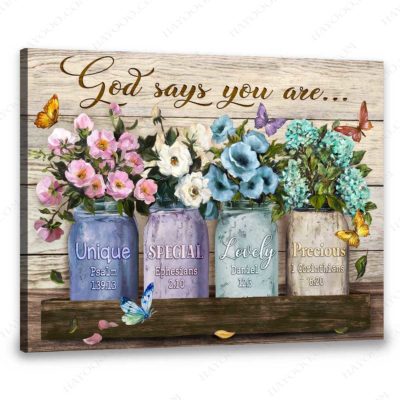 Hayooo Canvas Gorgeous Flowers In Mason Jars And Butterflies God Says You Are Wall Art For Farmhouse Decor