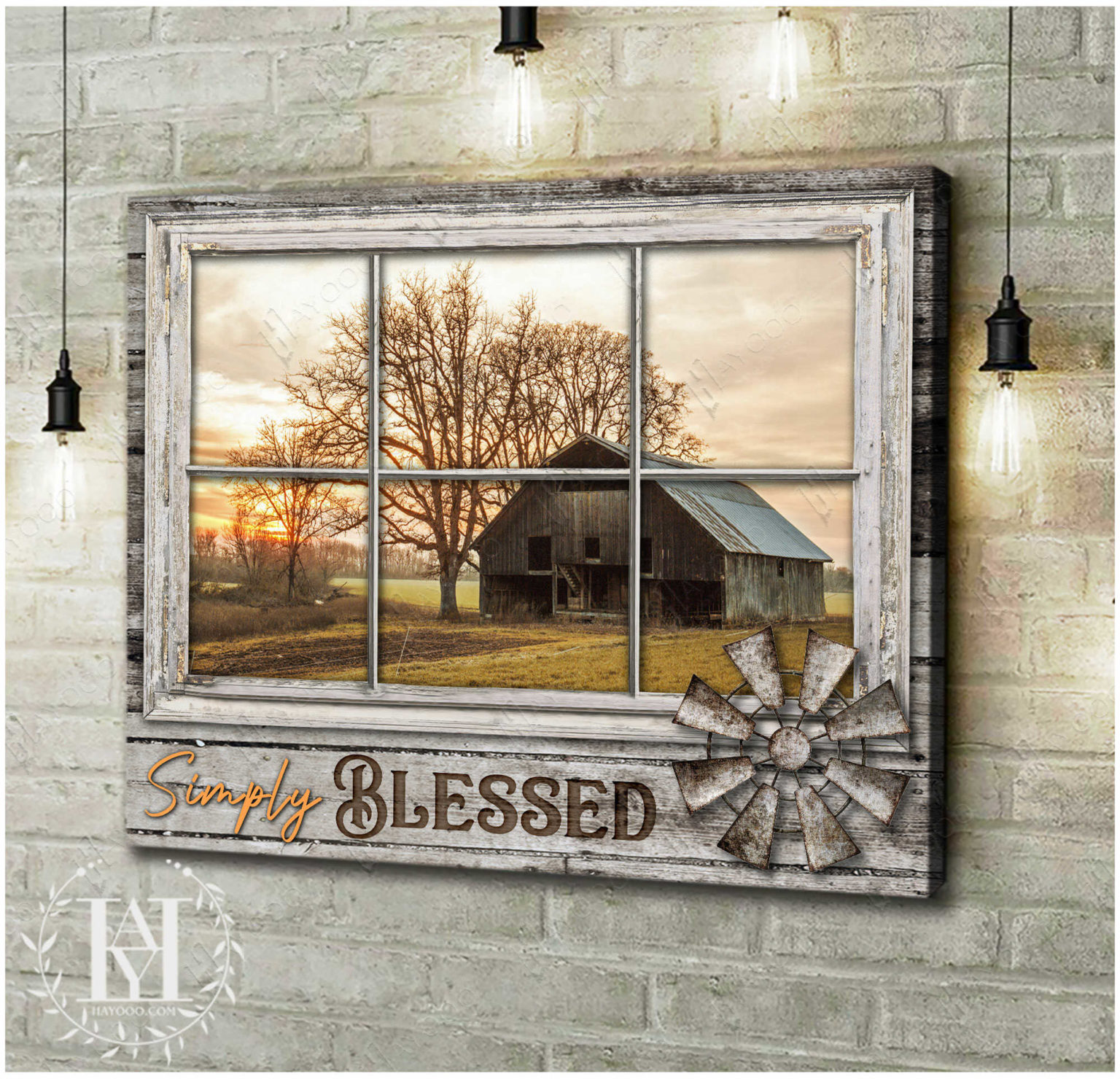 Hayooo Faux Window Canvas Peaceful Barn Scenery Simply Blessed Wall Art