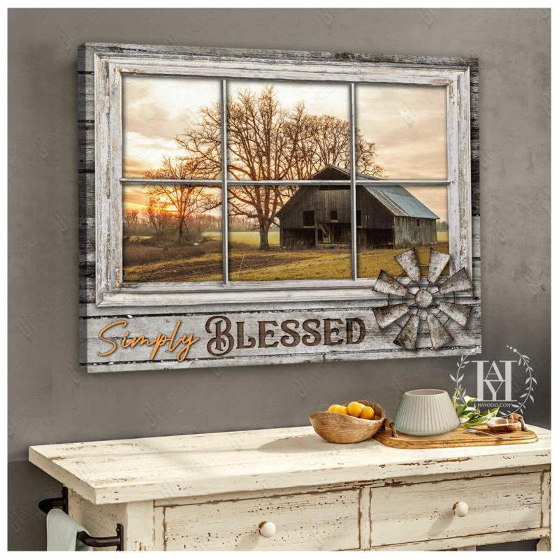 Hayooo Faux Window Canvas Peaceful Barn Scenery Simply Blessed Wall Art