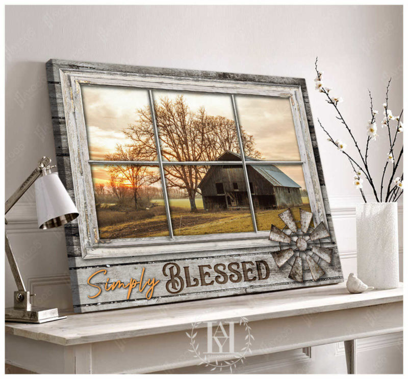 Hayooo Faux Window Canvas Peaceful Barn Scenery Simply Blessed Wall Art