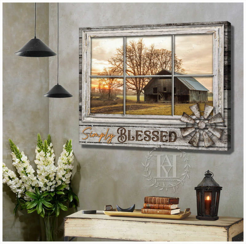 Hayooo Faux Window Canvas Peaceful Barn Scenery Simply Blessed Wall Art