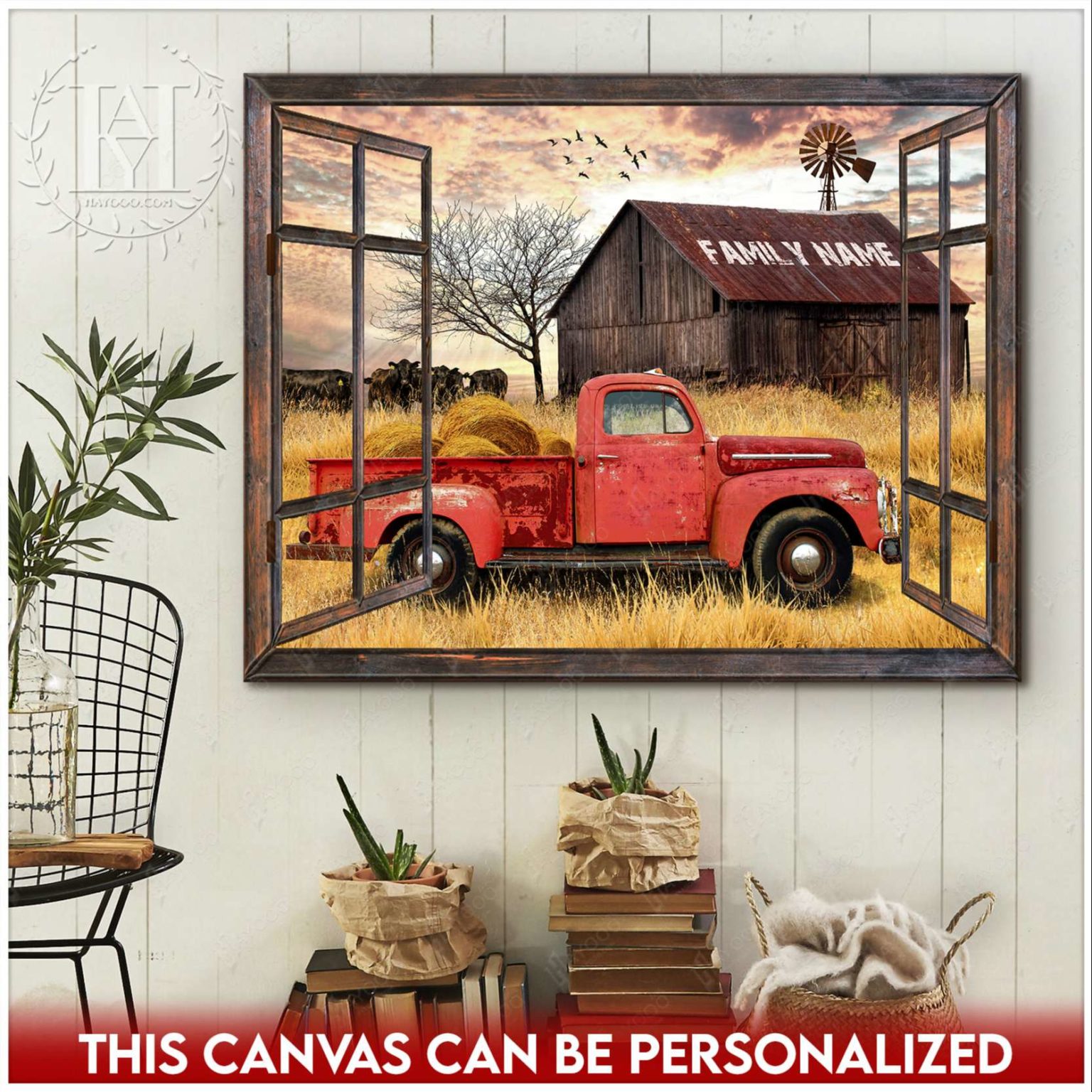 Hayooo Custom Family Name Canvas With Pickup Truck And Rustic Barn