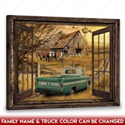 Hayooo Faux Window Canvas Custom Country Scene Wall Art Old Barn And Pickup Truck 66 Chevy
