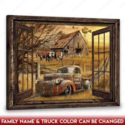 Hayooo Faux Window Canvas Custom Country Scene Wall Art Old Barn And Pickup Truck 1946 Chevy