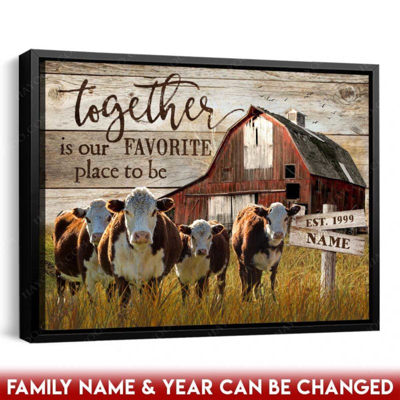 Hayooo Custom Family Name Canvas With Red Barn And Hereford Cows