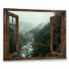Hayooo Brown Faux Window Canvas Foggy Forest And Water Stream Wall Art For Home Decor