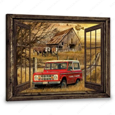 Hayooo Faux Window Canvas Custom Country Scene Wall Art Old Barn And Pickup Truck 1973 Ford Bronco Rig Red