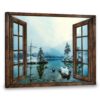 Hayooo Brown Faux Window Canvas Snowy Lake Scene Wall Art For Home Decor