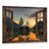 Hayooo Brown Faux Window Gorgeous Morning Lake Scene Wall Art For Home Decor