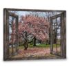 Hayooo Gray Faux Window Canvas Spring Cherry Blossoms Scene Wall Art For Home Decor