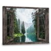 Hayooo Gray Faux Window Canvas Forest Beside River Scene Wall Art For Home Decor