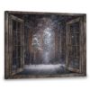 Hayooo Gray Faux Window Canvas Gloomy Winter Forest Scene Wall Art For Home Decor