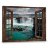 Hayooo Brown Faux Window Canvas Paradisiac Waterfall Scene Wall Art For Home Decor