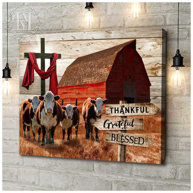 Hayooo Farmhouse Canvas Red Barn And Hereford Cows Thankful Grateful