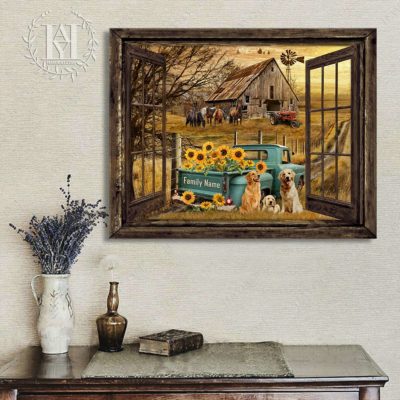 Hayooo Personalized Canvas Gifts For Farmers Faux Window Country Scene With Old Barn And Pickup Truck And Dogs Version Chevy Stepside In Turquoise With Sunflowers And Golden Retrievers And Horses