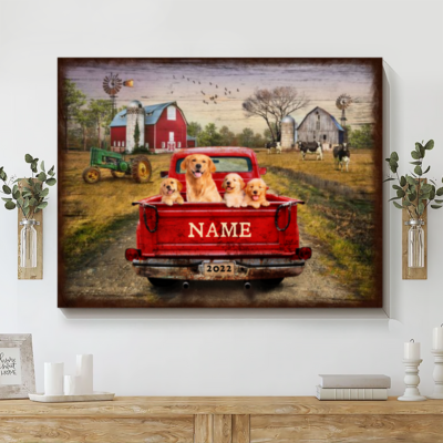 Hayooo Personalized Canvas Gifts For Farmers With Cute Dogs On Pickup Truck Country Wall Art For Home Decor