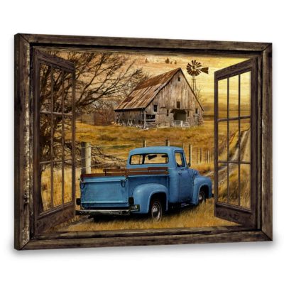 Hayooo Best Gifts For Dads Canvas Gifts For Farmers Wall Art Old Blue Farm Truck Window Painting