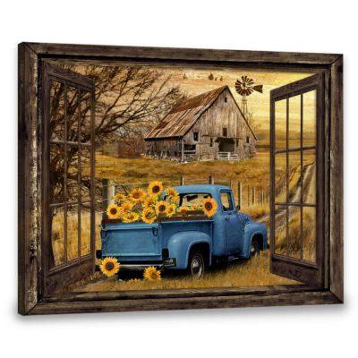 Hayooo Birthday Gifts For Him Canvas Gifts For Farmers Wall Art Sunflowers Old Blue Farm Truck Window Painting
